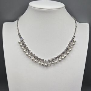 Swarovski Crystal Elements Silver Statement Necklace Pearl 16 - 18.5 inches Prom